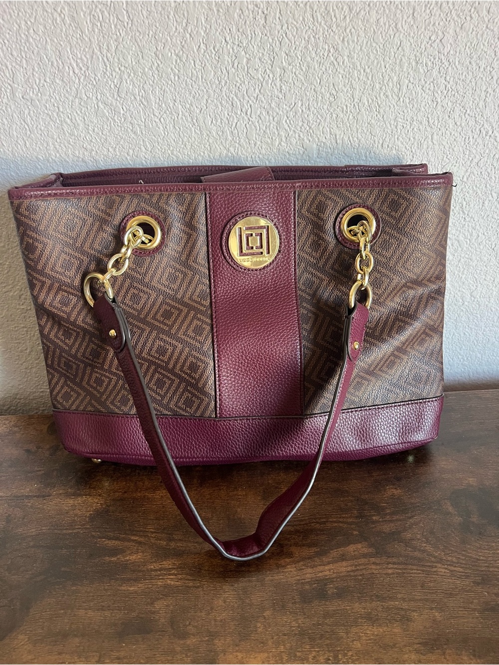 Structured Brown & Burgundy Tote with Gold Chain Accents